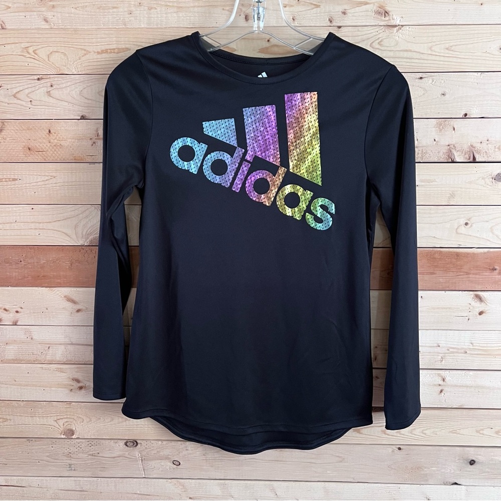 Adidas Climalite Black Multicolor Logo Print Long Sleeve Top kids size L (14)